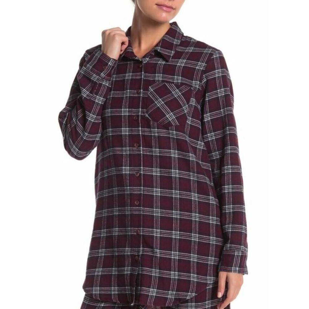 Free Press Women's Plaid‎ Flannel Night Shirt in Burgundy Stem Lola Stem Small